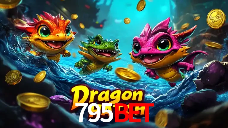 Arte promocional do jogo Dragon Hatch com três adoráveis dragões bebês nadando entre moedas de ouro, um dos slots mais divertidos para jogar no cassino 795bet.