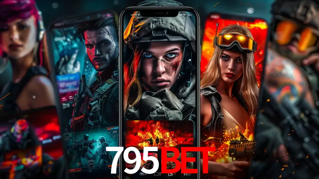 Montagem de telas de celular mostrando diversos personagens, masculinos e femininos, de um jogo de tiro, ilustrando a diversidade de equipes de e-sports para apostar no 795bet.