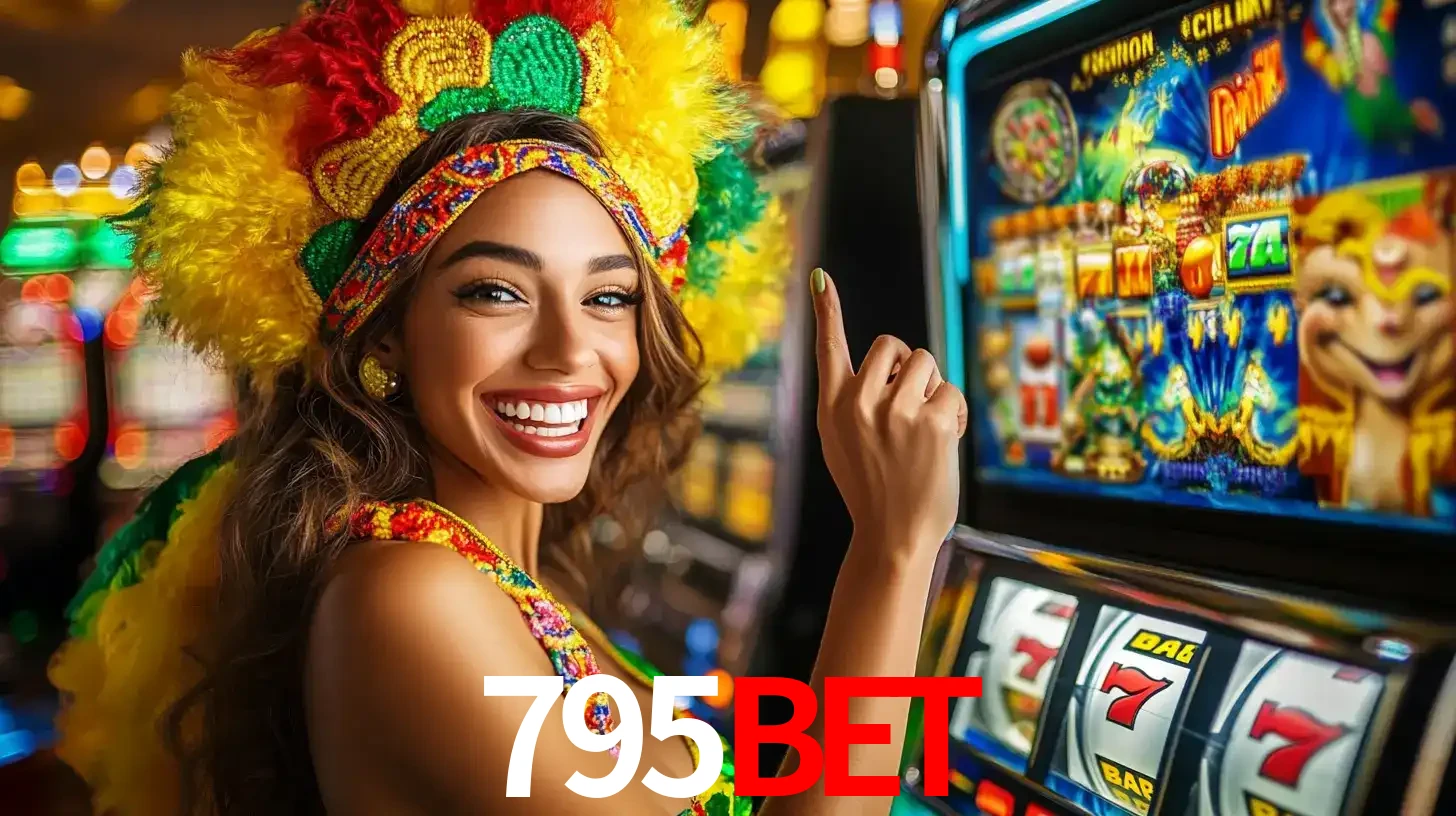 Mulher animada com um cocar de carnaval apontando para uma máquina de caça-níqueis, mostrando a emoção de ganhar um grande prêmio nos jogos do 795bet.