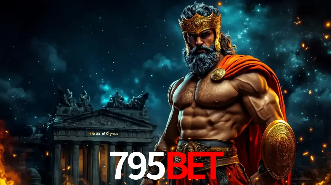O poderoso Zeus do jogo de slot Gates of Olympus em frente ao seu templo, pronto para lançar multiplicadores divinos e prêmios épicos no cassino online 795bet.