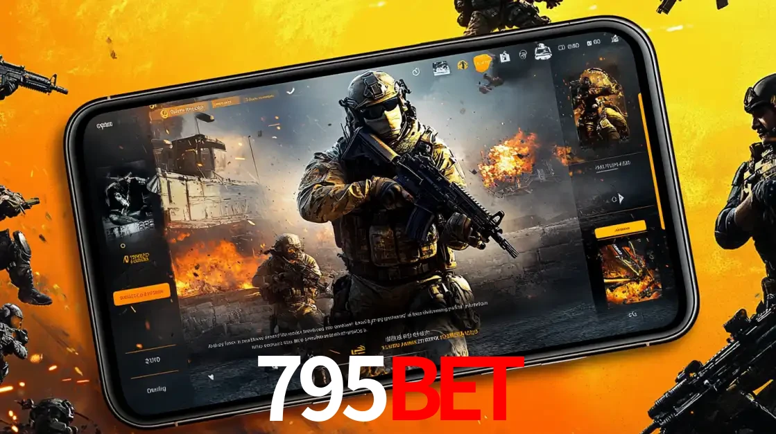 Um smartphone exibindo a interface de um jogo de tiro em primeira pessoa, com um soldado em um cenário de batalha, representando a ação dos e-sports para apostar no 795bet.