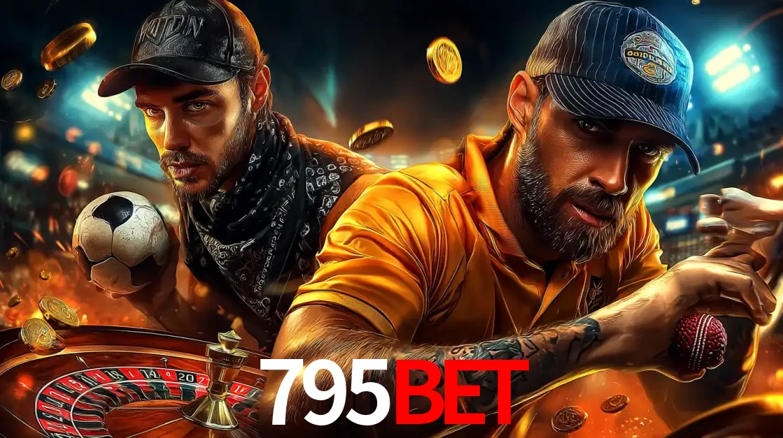 Montagem de apostas esportivas e cassino no 795bet, com um homem segurando uma bola de futebol e outro uma de beisebol sobre uma roleta e moedas voadoras.