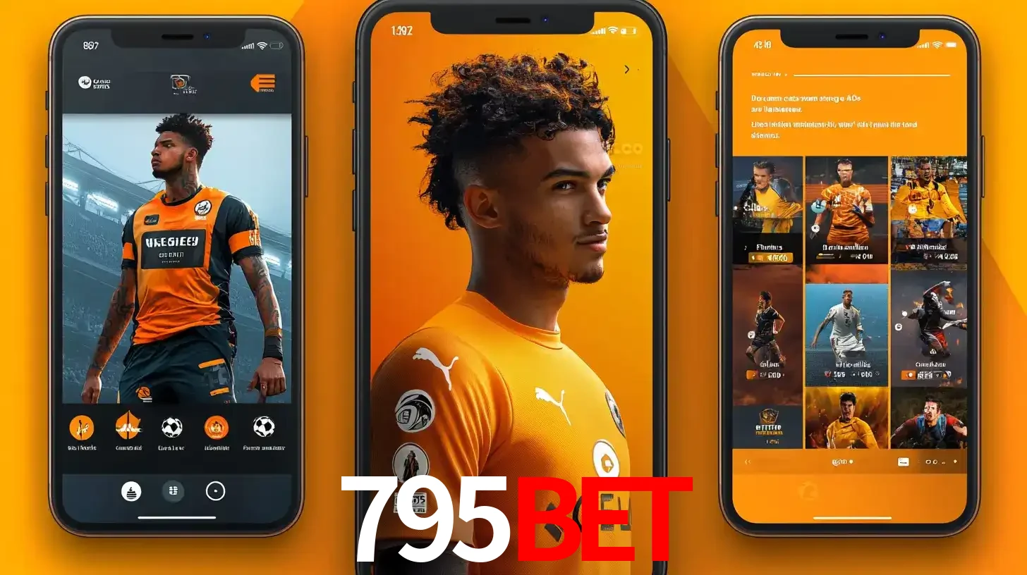 Interface do aplicativo de apostas esportivas 795bet em três telas de celular, mostrando o perfil de um jogador de futebol e a lista de jogos disponíveis para apostar.