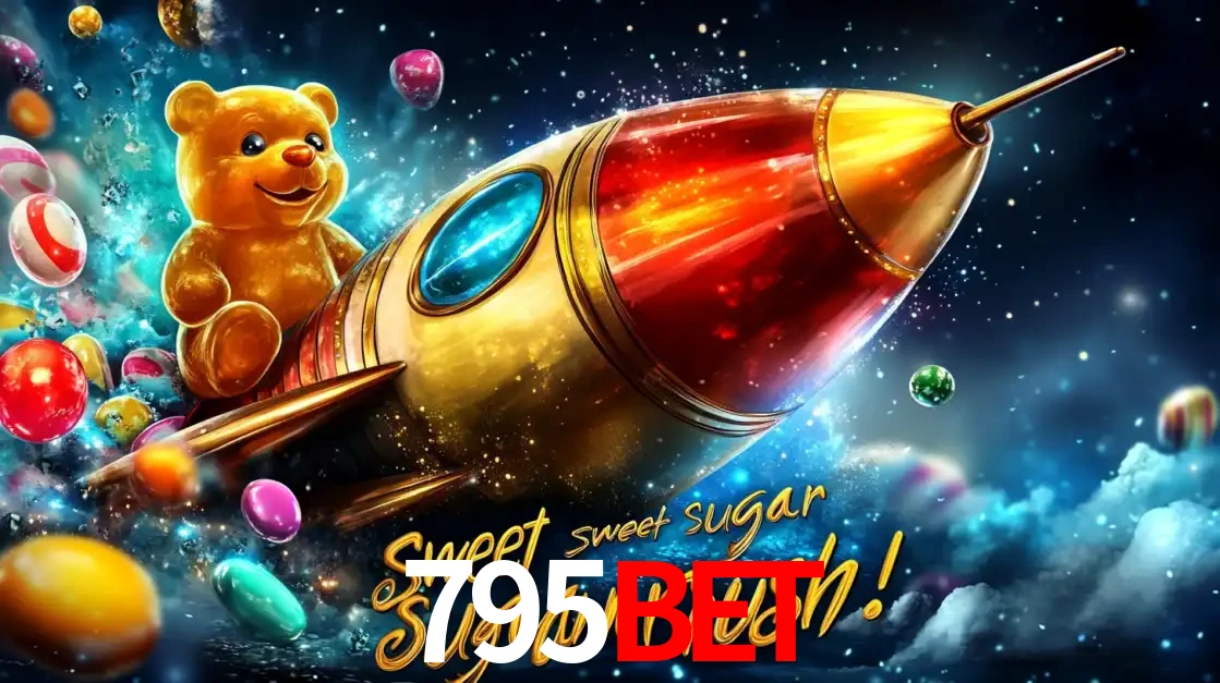 Arte promocional do jogo de slot Sugar Rush, com um urso de pelúcia em um foguete viajando pelo espaço de doces, um dos jogos divertidos disponíveis no cassino 795bet.