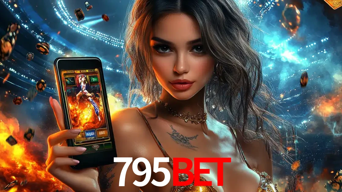 Mulher segurando um celular com um jogo de slot em destaque, tendo como fundo um estádio vibrante, simbolizando a emoção de jogar no cassino móvel 795bet.