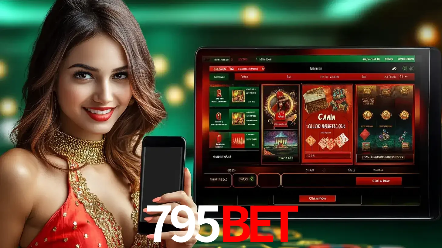 Mulher sorridente segurando um smartphone, ao lado de uma tela exibindo o lobby de jogos do cassino online 795bet, com várias opções de jogos de cartas e slots.